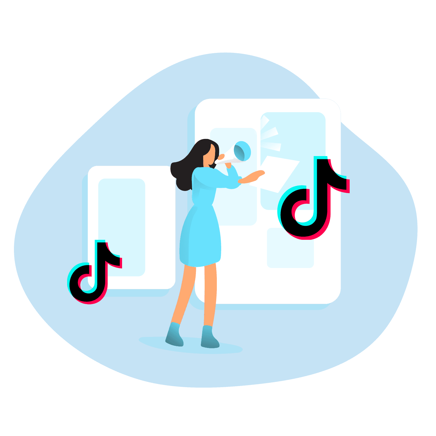 Picture of a woman with a speaker and tiktok screens in the background